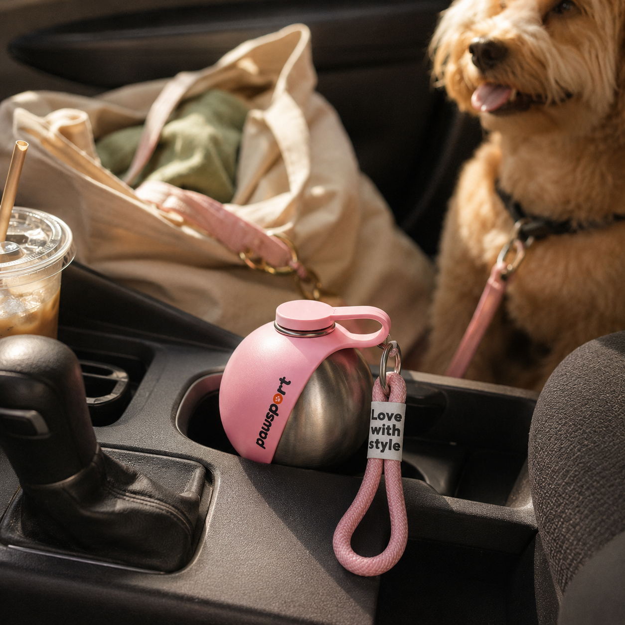 Dog in a car with a pink water bottle holder and leash on a cup holder