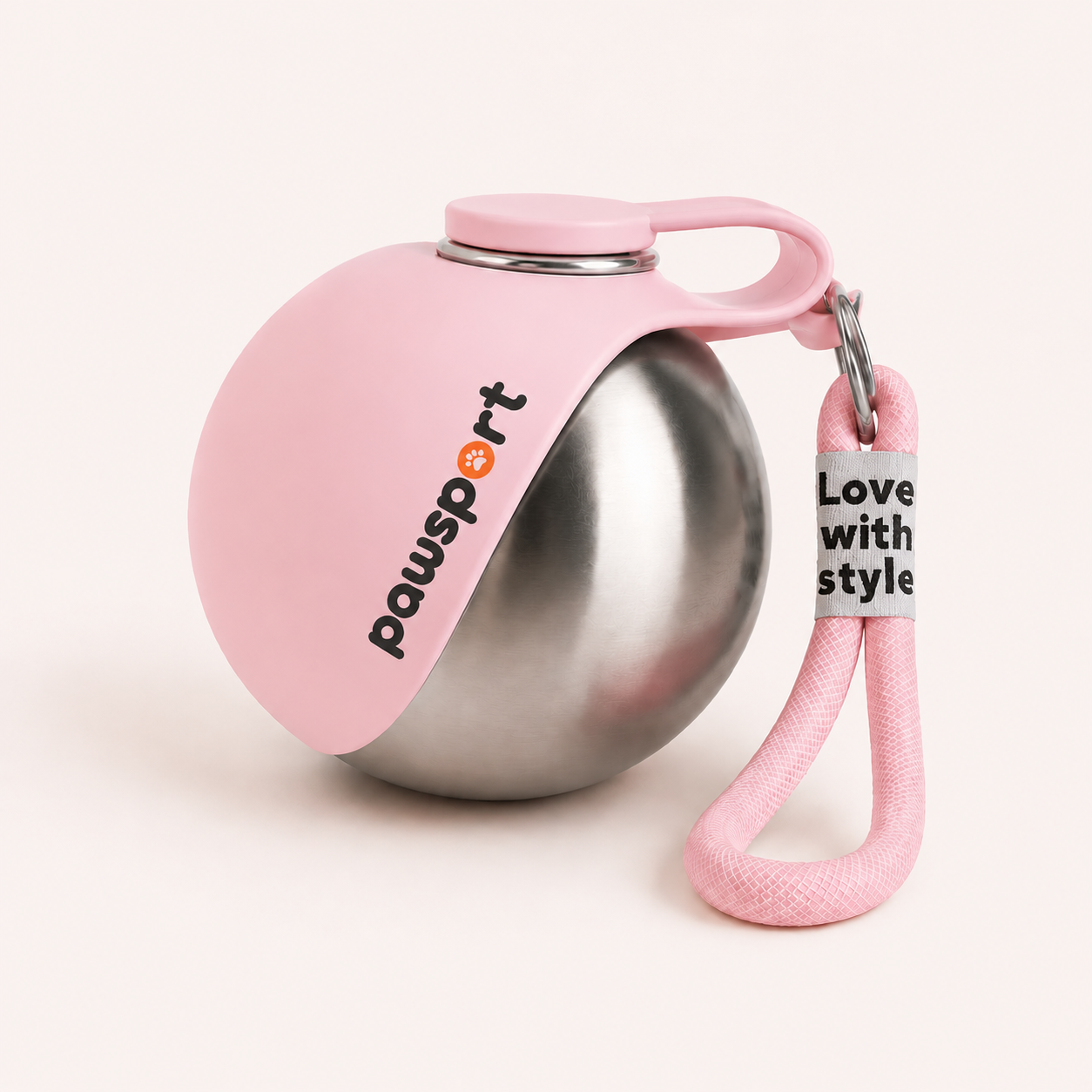 Pawsport portable dog water bottle in pink with fold-out silicone bowl